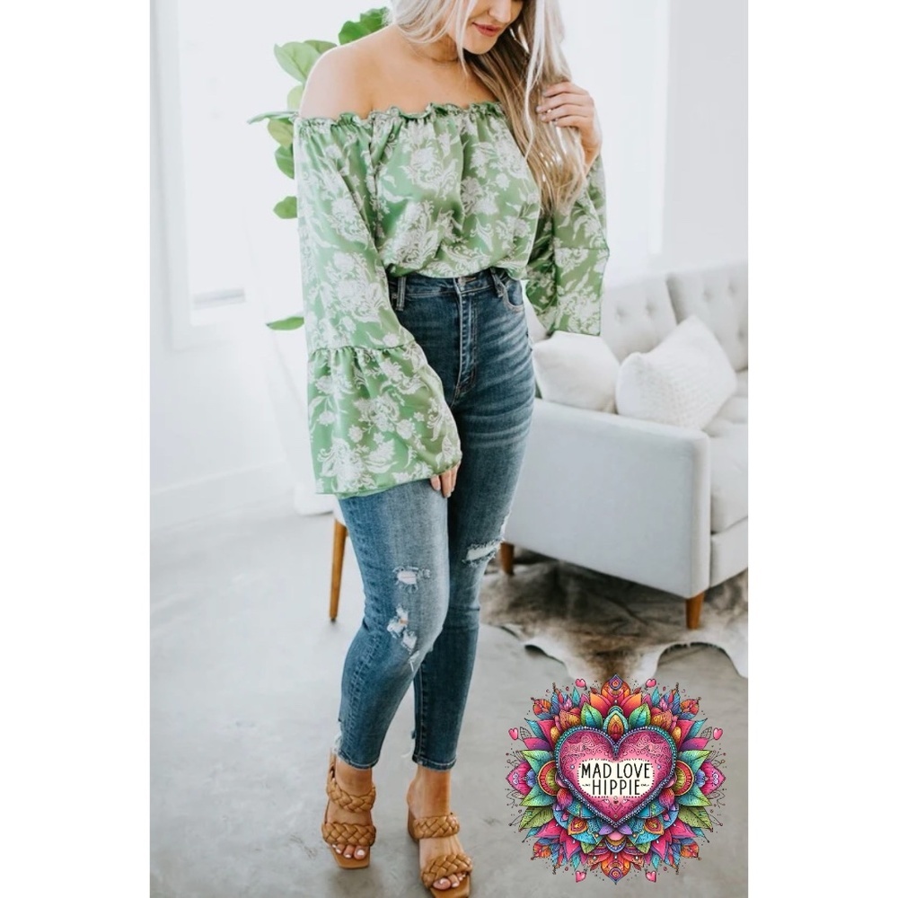 Peach Love Sage Green Satin Large Floral Print Off Shoulder Bubble Top - Picture 4 of 7